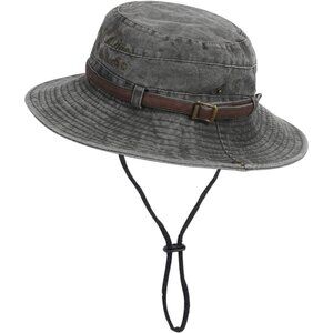Unisex Dark Grey 100% Cotton Wide Brim Boonie With Chin Strap Classic Bucket Hat